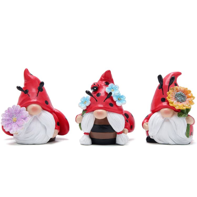 Hodao 3 PCS Ladybug Spring Gnome Figurines Decorations Flower Ladybug Gnomes