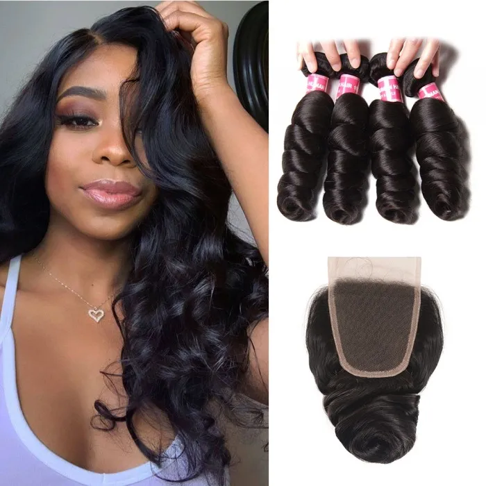 Donmily Loose Wave 4 Bundles With 4x4 Lace Closure Free Part