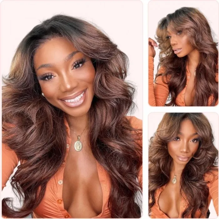 Donmily Copper Red With Dark Roots Ombre Wigs Breathable Hollow Out Glueless Body Wave V Part Human Hair Wigs