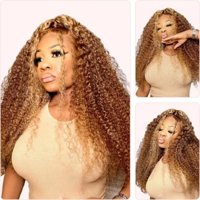 Donmily Honey Blonde Money Piece Highlight 13x4 Lace Frontal Jerry Curly Human Hair Wigs