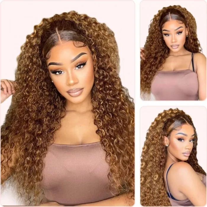 Donmily Top Quality Dark Brown Human Hair T Part Wig Water Wave Curly Hairstyle
