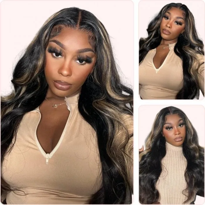 Donmily 13x4 Chocolate Brown With Peek A Boo Blonde Highlights Lace Front Body Wave Wig Celebrities Inspired