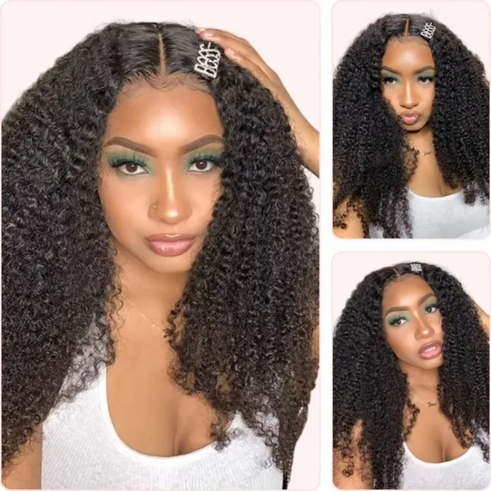 Donmily Affordable Black Middle Part Wigs Kinky Curly T Part Lace Human Hair Wigs Pre-Plucked