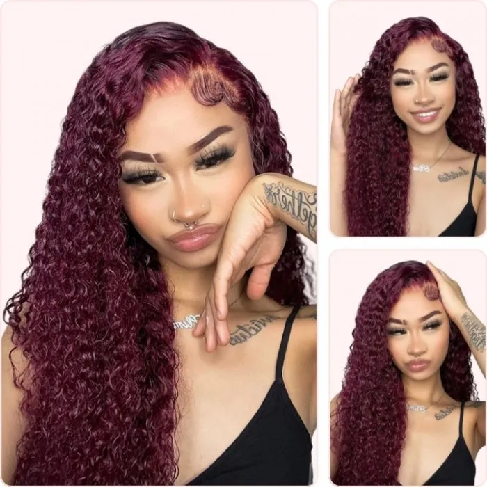 Donmily Wet And Wavy Burgundy Curly Hair 99J Jerry Curly 13x4 Lace Front Wig
