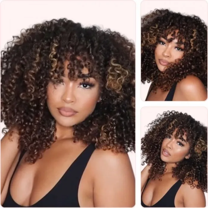 Donmily Glueless Short Bob Wig With Bangs Golden Blond Highlight Curly Wig