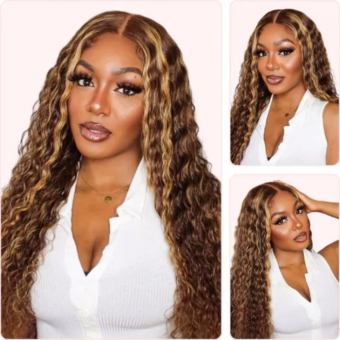 Domily Honey Blonde Water Wave Highlighted Wig 13x4 Lace Front Human Hair Wigs Pre Plucked Piano Brown Color Wig