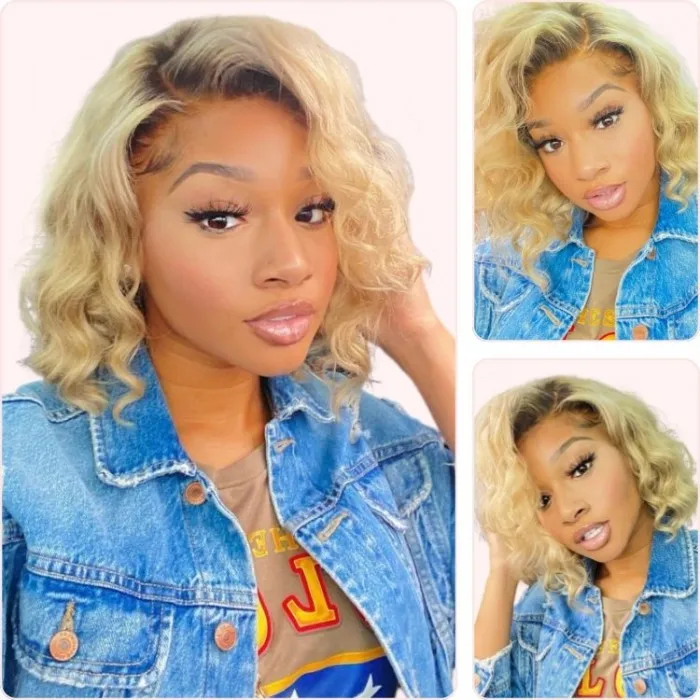  Donmily 13x4 Honey Blonde 613 Bob Wig With Dark Roots Short Bob Wig Loose Wave Human Hair Wigs
