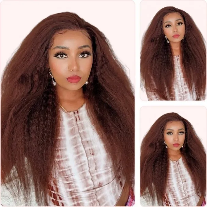 Donmily Luxuriant Chestnut Reddish Brown Kinky Straight 13x4 Lace Frontal Yaki Straight Pre Plucked Human Hair Wig