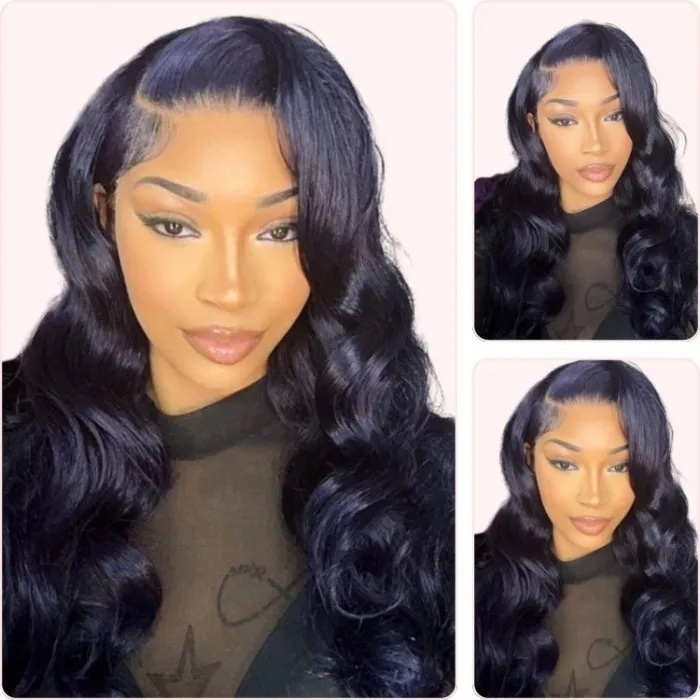 Donmily Classic Dark Blue Body Wave 13x4 Lace Front Wigs With Baby Hair Ink Blue Black Hair