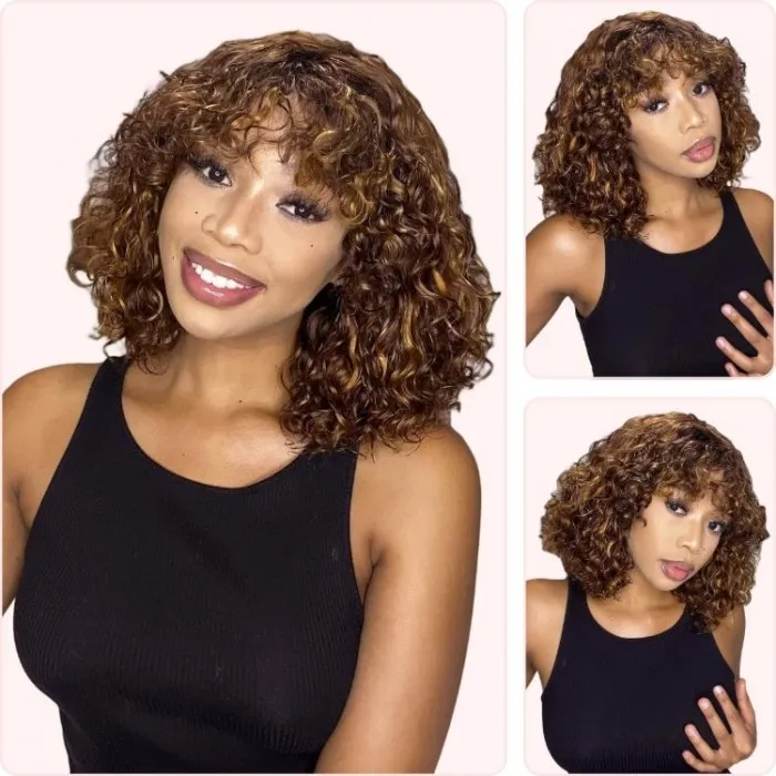 Donmily Glueless Curls Bob Wig Brown Highlight Short Hair Wigs With Curtain Bangs Capless Wigs