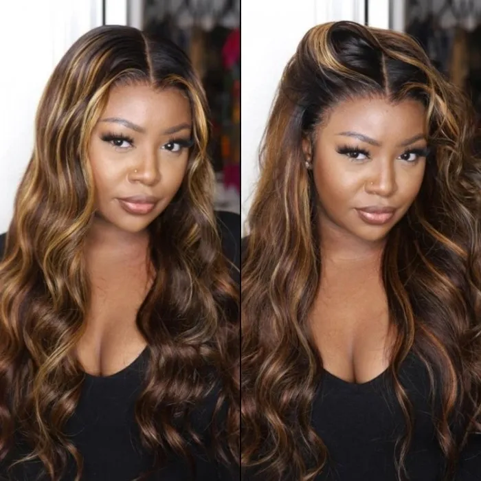 Donmily Balayage Dark Hair With Highlights Body Wave 13x5 Middle Part Lace Front Human Hair Wigs