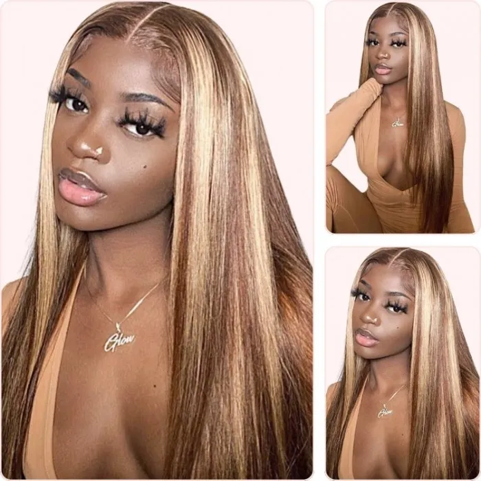 Donmily Long Layered Caramel Honey Blonde Hair 13x4 Frontal Wig With Money Piece Chunky Highlights