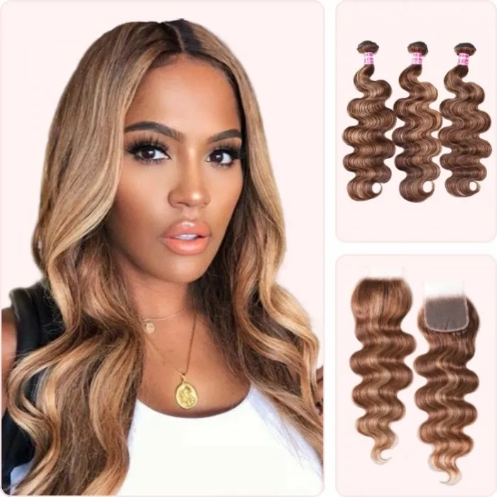 Donmily Honey Blonde Piano Highlighted Body Wave 3 Pcs Bundles With Closure