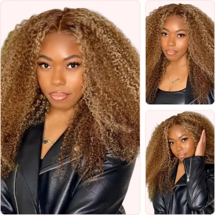 Donmily Honey Blonde Streaks Highlight Curly Hair 13x4 Transparent Lace Frontal Human Hair Wig