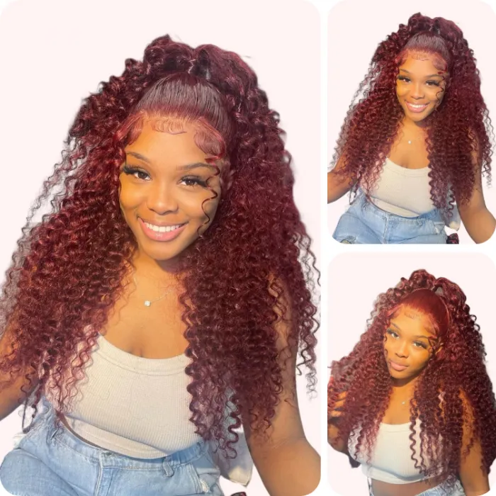 Donmily Versatile Style Deep Burgundy Hair Color Jerry Curly 13x4 Lace Front Wig With Baby Hair