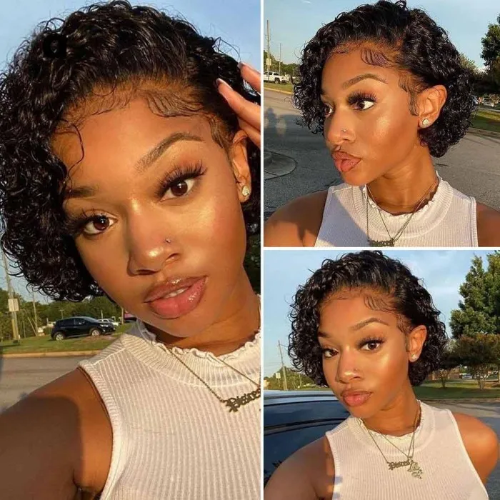 Donmily Curly Pixie Cut Wig 13 By 1 Inch Handtied Hairline 100% Human Hair Short Curly Wig
