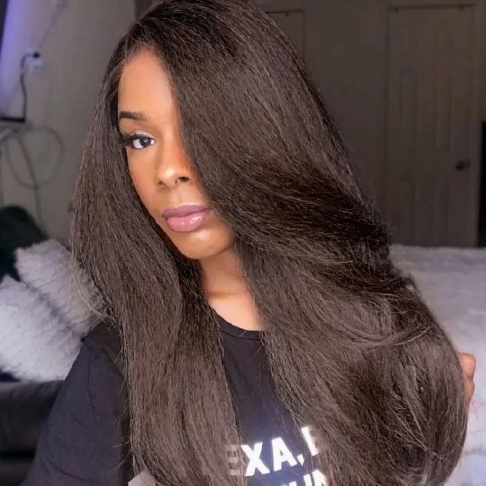 Donmily Super Fine Kinky Straight Transparent Invisible 5x5 HD Lace Closure Wigs Yaki Straight Hair Pre Plucked With Baby Hair 180 Density Wig
