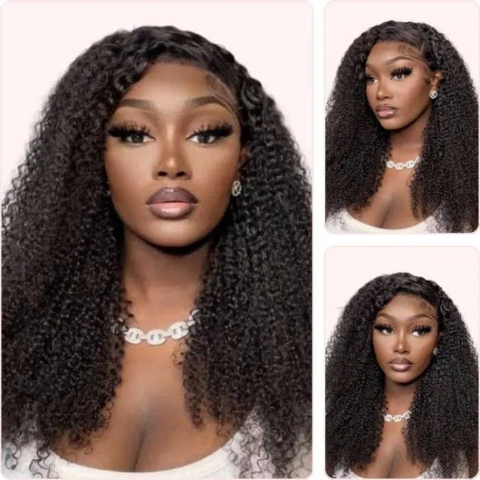 Donmily Mini Curly Afro Kinky Weave Human Hair V Part No Leave Out Natural Black Wig 14-24 Inches 150% Density