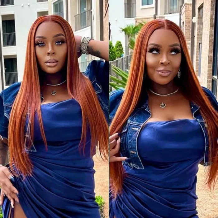  Donmily Ginger Brown And Orange Hair With Auburn And Caramel Highlight 13x4 Lace Front  Straight Wig 150% Density