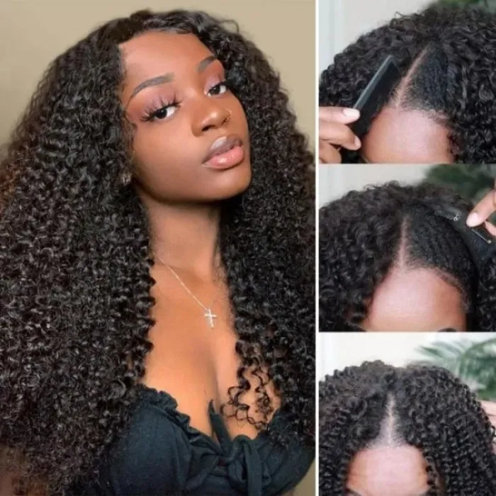 Donmily V Part Kinky Curly Wig No Leave Out Human Hair Wig Natural Color