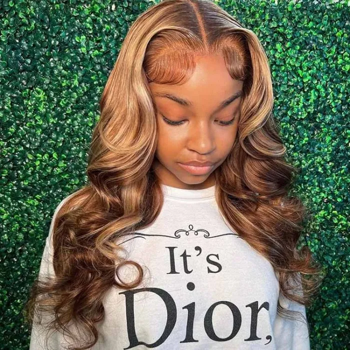 Donmily Brown Ombre Blonde Highlighted Body Wave 13*4 Lace Frontal Pre-Plucked Virgin Hair Wig