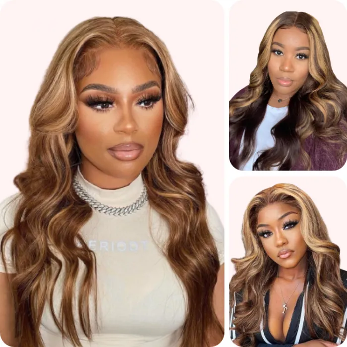 Donmily Pre Cut Brown And Honey Blonde Highlight Body Wave 6X4.5 Wear&Go Lace Wig