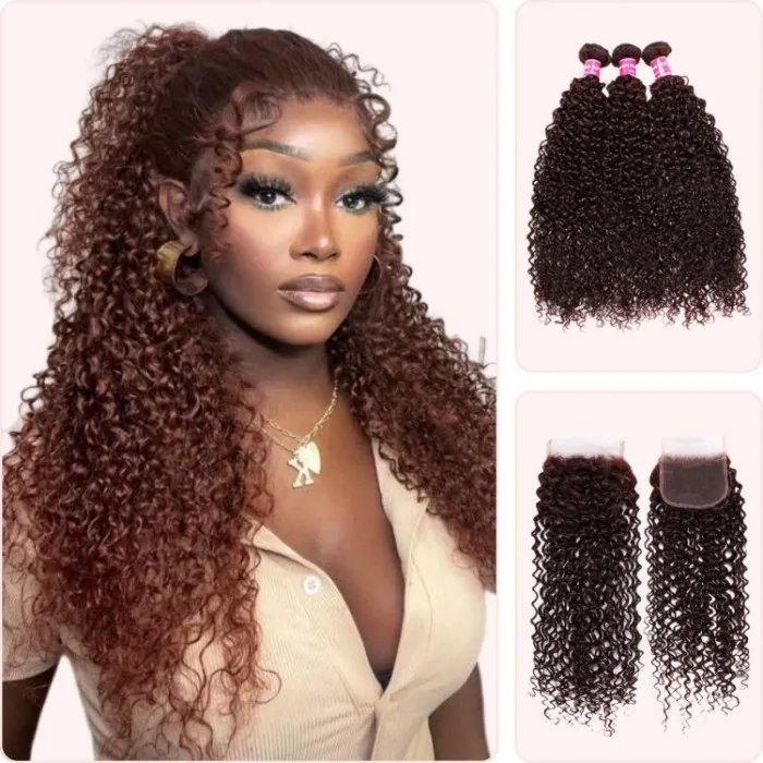 Donmily Dark Auburn Jerry Curly Remy Human Hair 3 Bundles With Closure Deal