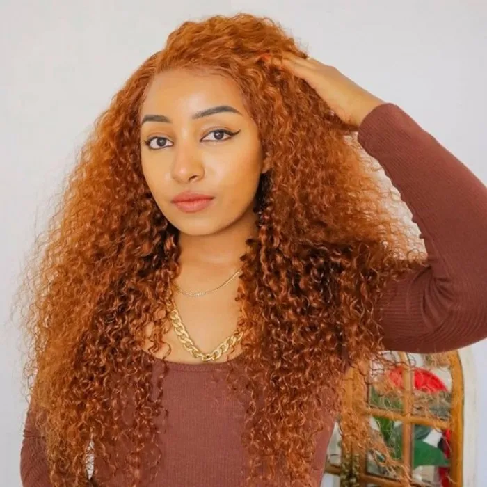 Donmily Ginger Orange Hair Curly Wig 4X0.75 Middle Part Lace Front Human Hair Wigs 150% Density