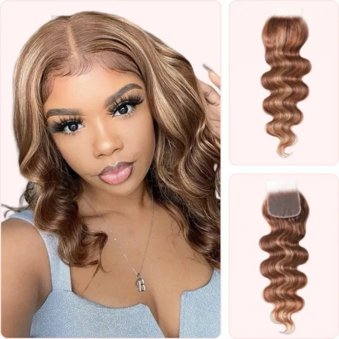 Donmily Honey Blonde Piano Highlighted Three Styles Remy Human Hair 4x4 Free Part Closure