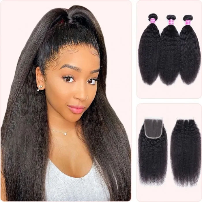 Donmily Kinky Straight Virgin Hair 3 Bundles With 4x4 Free Part Lace Closure