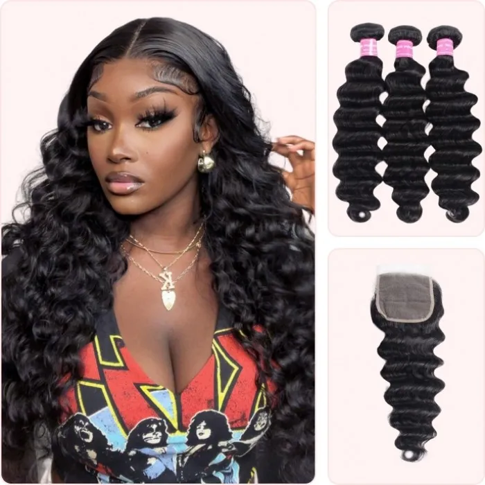 Donmily Loose Deep Wave Human Hair 3 Bundles With Closure For Women