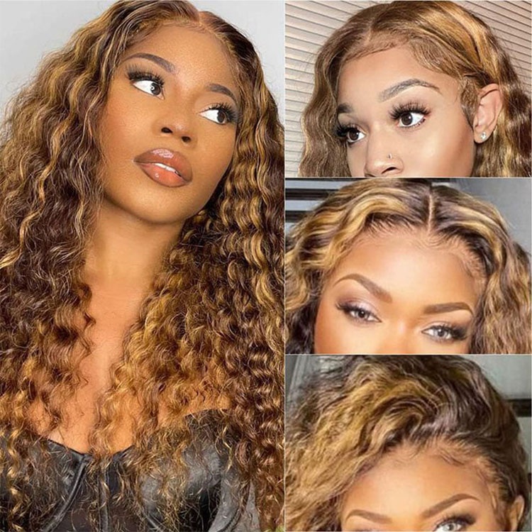 Donmily honey blonde highlights on brown water wave hair 6×4.75 Pre-Cut lace front wigs