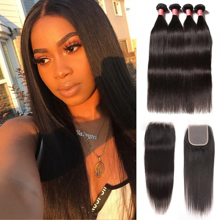 Donmily Indian Straight Virgin Hair 4 Bundles With 4x4 Free Part Lace Closure