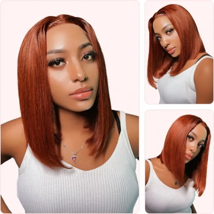 Donmily Straight Short Bob Red Brown Wig #33 Dark Auburn Color 13X5X0.5 Lace Front Middle Part Wig Pre Plucked