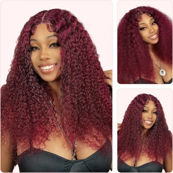 Donmily Bouncy Wet And Wavy Burgundy Red Hair Jerry Curl 4x0.75 T Part Wig