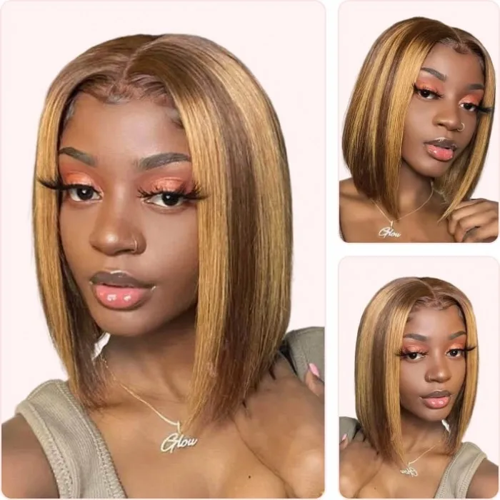Donmily Lace Part Bob Straight Hair Wigs Highlight T Part Wigs 100% Human Hair Wear & Go Wigs With Free Headband Gift