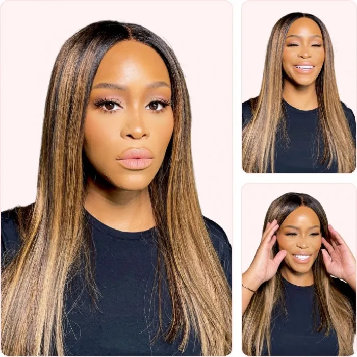 Donmily Glueless U Part Straight Wig For Beginners With Brown Highlights