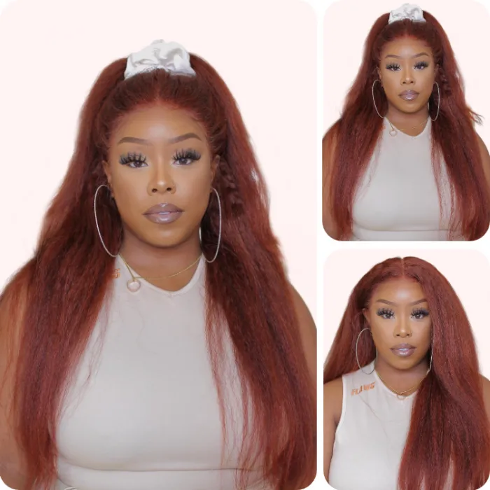 Donmily 13x4 Lace Front Kinky Straight #33B Red Brown Color Wig With Super Natural Hairline