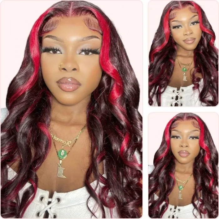 Donmily Dark Burgundy With Rose Red Highlights 13x4 Lace Front Loose Wave Wig