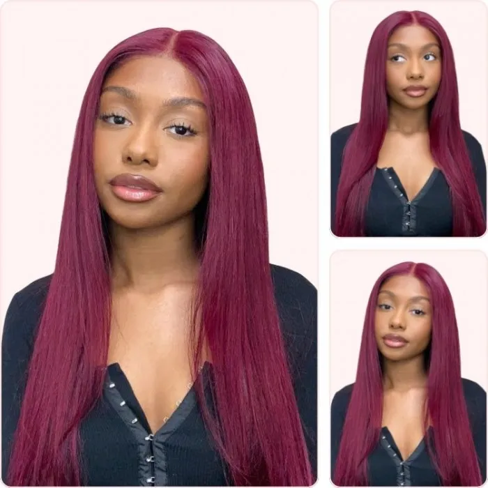 Donmily Flowing Light Burgundy Straight 99J Color 13x4 Lace Front Wig Pre Plucked With Baby Hair 18-24 Inch