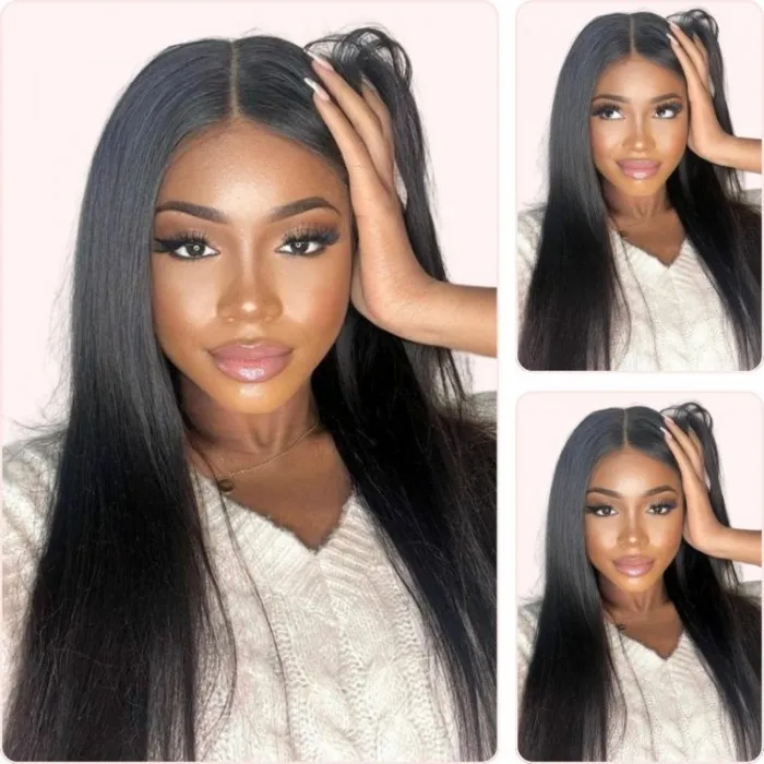 Donmily Silky Gleaming Straight Natural Black Lace Front Wigs 13x4 Frontal With Pre-Plucked Hairline 150% Density Human Hair Wig