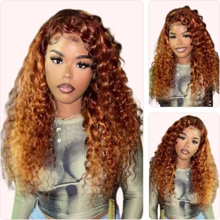 Donmily Ginger Brown Highlighted Water Wave 13x4 Lace Front Wig