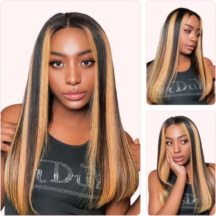 Donmily Brown Wig With Baby Hair Blonde Highlight Straight Lace Front Wigs Pre-Plucked 150% Density