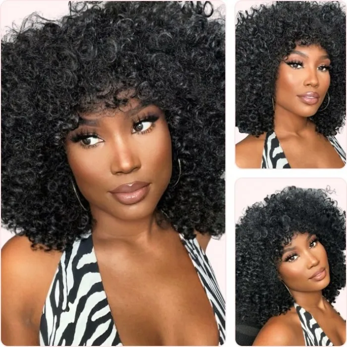 Donmily Bouncy Curly Bob Short Pixie Cut Wig With Bangs Glueless Wig