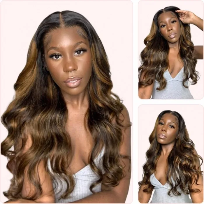 Donmily Body Wave Wig V Part Human Hair Wig Balayage #FB30 Bronde Highlight Colored Glueless Wig With No Leave Out