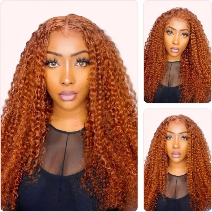 Donmily Ginger Brown Hair Color Jerry Curly Middle Lace Part Human Hair Wigs 