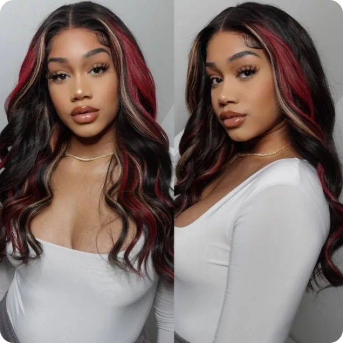 Donmily Black Hair With Red Highlight Charming Loose Wave 13x4 Lace Front Balayage Human Hair Wig