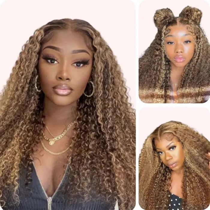 Donmily 6x4.5 Brown Hair With Blonde Highlights Wear&Go Jerry Curl Pre-Cut Wig With Breathable Cap