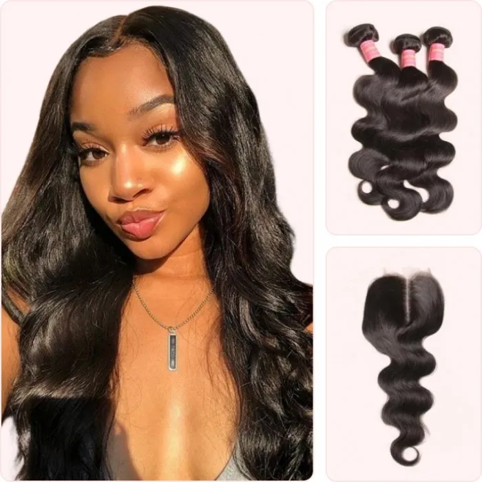 Donmily Brazilian Body Wave Hair 3 Bundles With Closure (Middle Part)