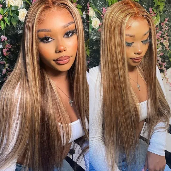 onmily Silklike Light Honey Golden Blonde Hair Color Straight 4x0.75 Lace Part Wig